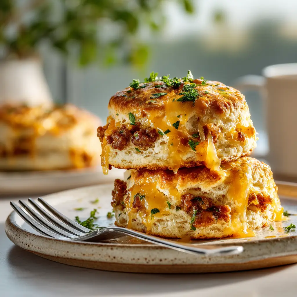 Sausage and Cheese Butter Swim Biscuits (The Easiest Recipe!) 2 A savory sausage and cheese butter swim biscuit broken in half to show the fluffy, cheesy interior.