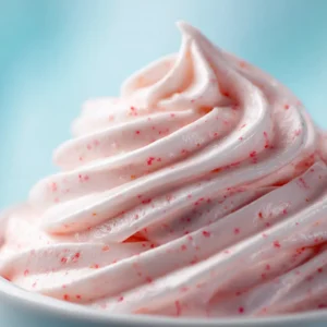 An extreme close-up shot of fluffy strawberry frosting, highlighting its creamy, whipped texture and beautiful light pink color.