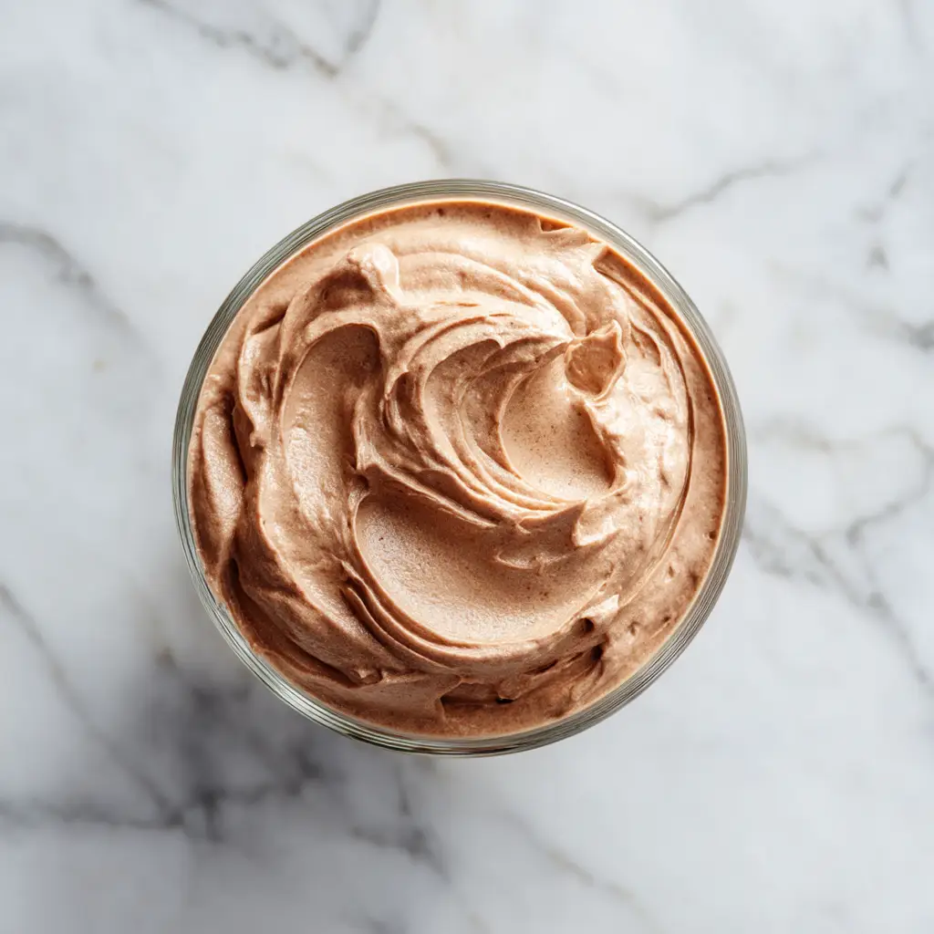 A spatula folding whipped cream into a chocolate base to create an easy chocolate mousse filling. The mixture shows light and dark swirls.