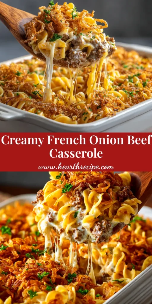 An overhead shot of a bubbly, cheesy French Onion Beef Casserole in a white baking dish, ready to be served. The perfect comfort food recipe.