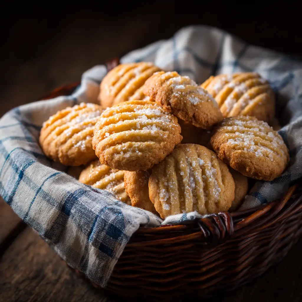 A close-up of a single French salted butter cookie showing the delicate, sandy texture and the flaky sea salt sprinkled on top.