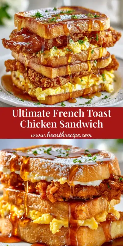 An incredible French Toast Fried Chicken Sandwich, drizzled with maple syrup and stacked high on a white plate. The ultimate sweet and savory brunch recipe.