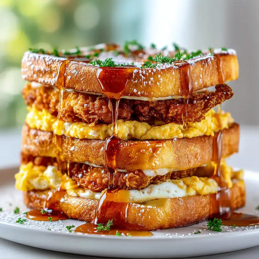 A fully assembled French Toast Fried Chicken Sandwich being drizzled with maple syrup, highlighting the final indulgent step.