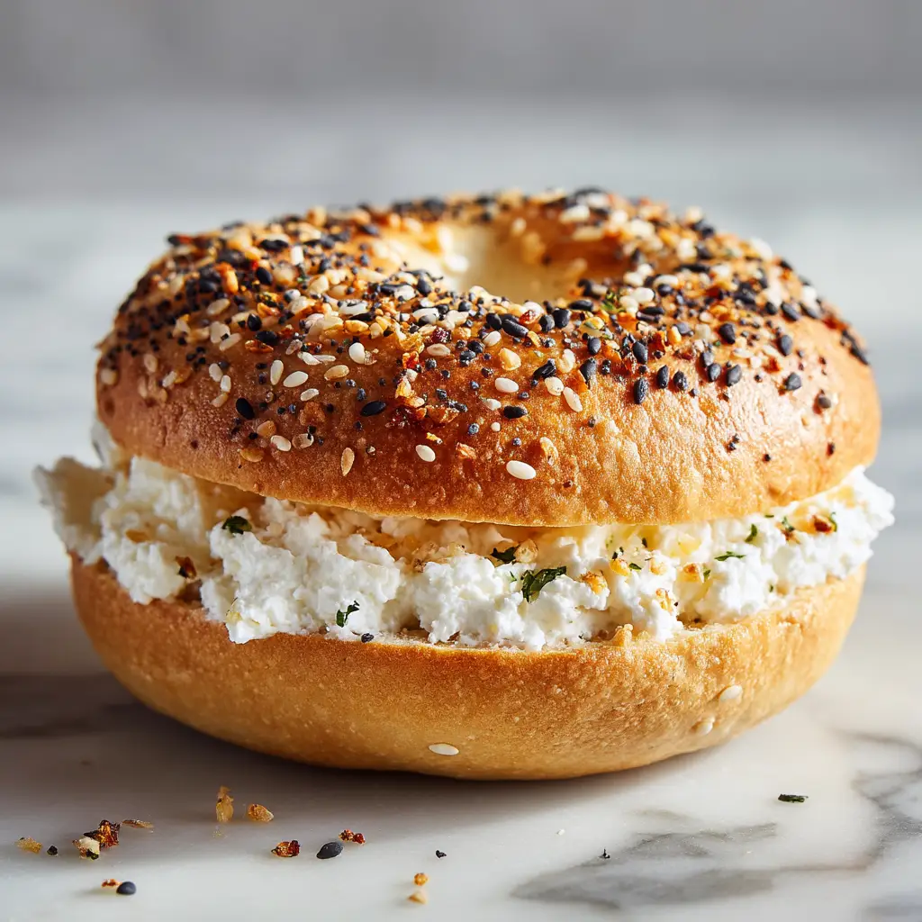 A batch of four high-protein bagels on a baking sheet right out of the oven, sprinkled with everything bagel seasoning.
