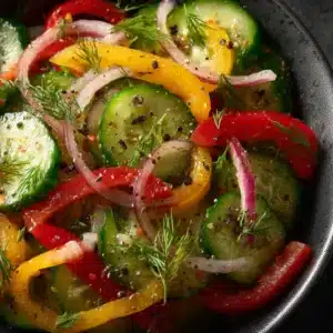 A close-up shot of the fresh ingredients for the bell pepper salad recipe, showing sliced cucumbers, and diced colorful peppers.