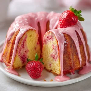 A close-up shot of a freshly baked strawberry swirl bundt cake cooling on a wire rack before being glazed.