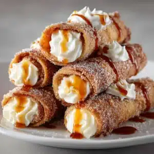 A stack of freshly fried cheesecake chimichangas, golden brown and coated in sparkling cinnamon sugar.