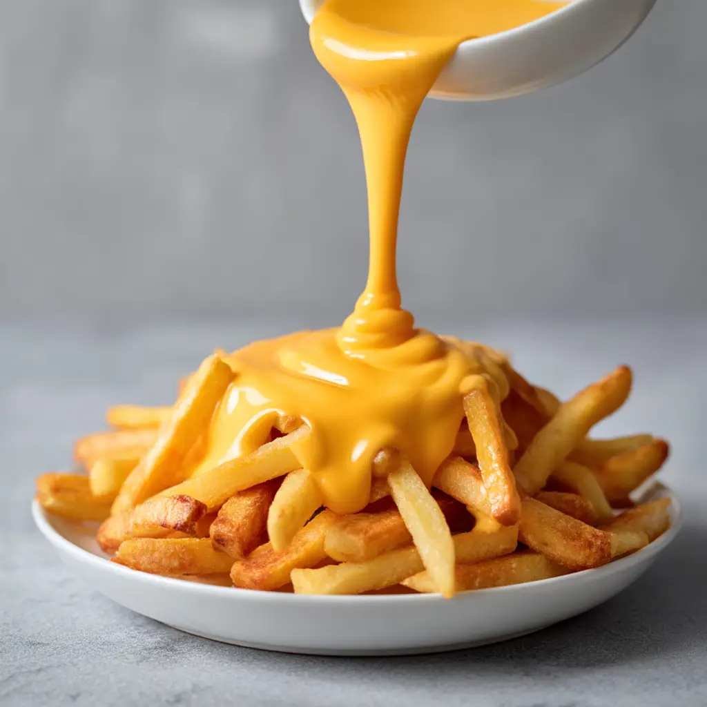A bowl of rich cheese sauce for fries, with crispy French fries being dipped into it.