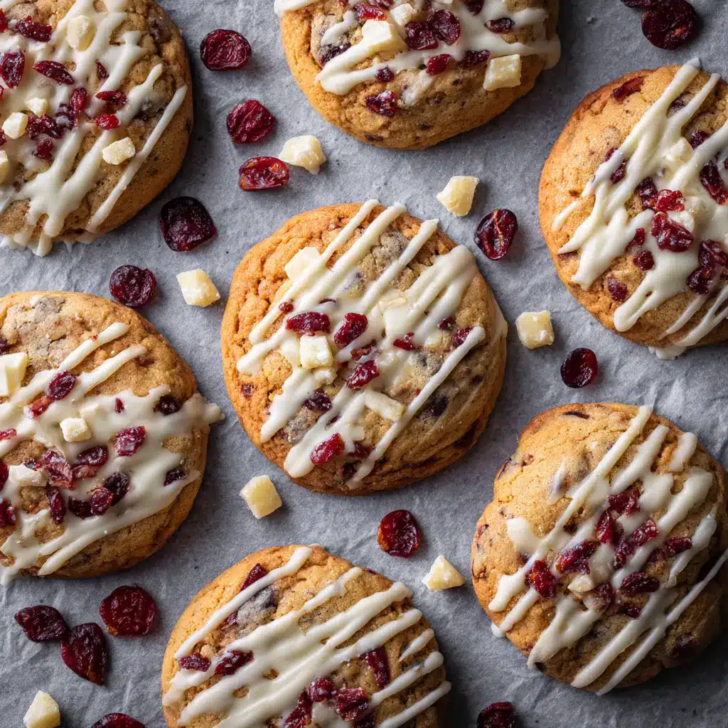 A close-up of a frosted white chocolate cranberry cookie with an orange zest topping. The texture of the cream cheese frosting is visible.