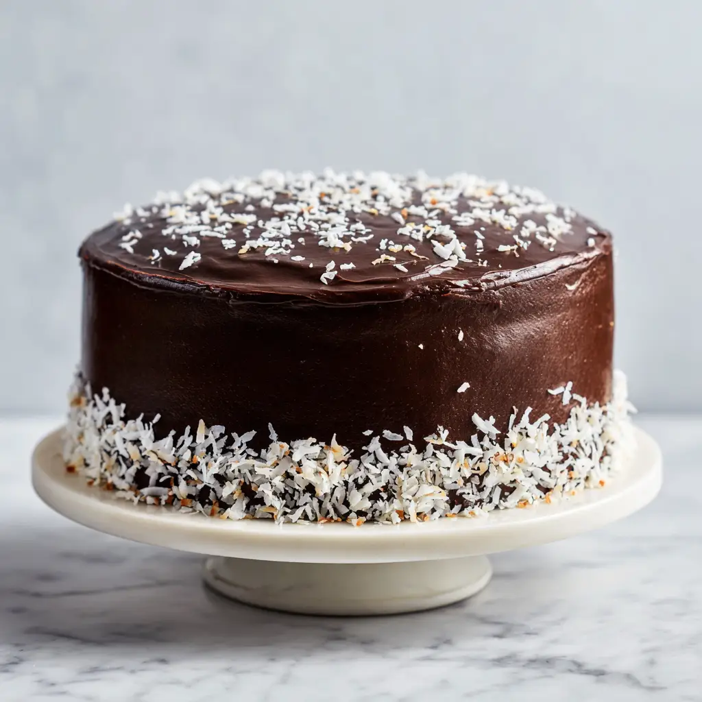 The process of frosting the layered chocolate coconut cake with creamy, thick coconut frosting on a kitchen counter.