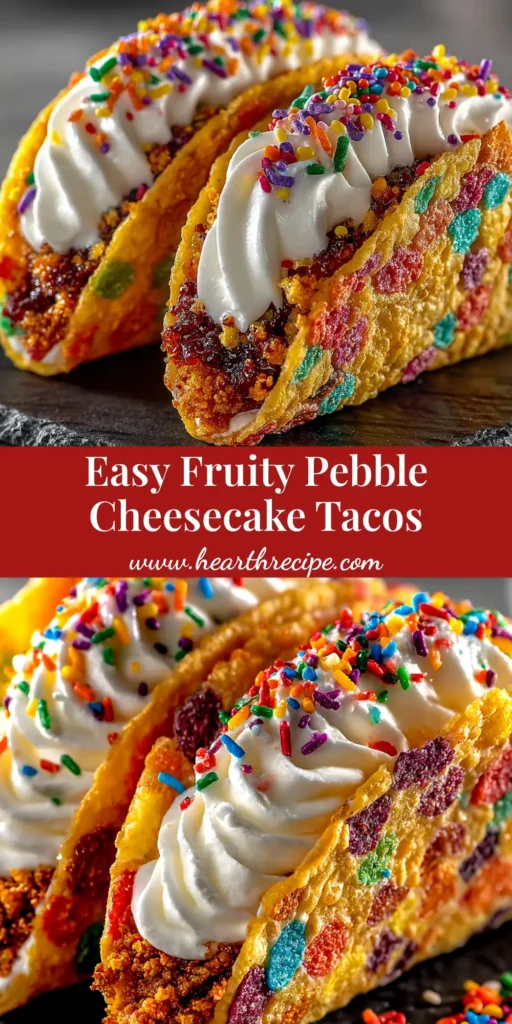 A vibrant platter of homemade Fruity Pebbles Cheesecake Tacos, with colorful cereal shells and creamy no-bake filling.