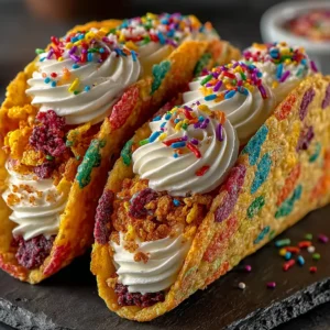A close-up shot of two Fruity Pebbles Cheesecake Tacos, showing the texture of the crispy cereal shell and the smooth cheesecake filling.
