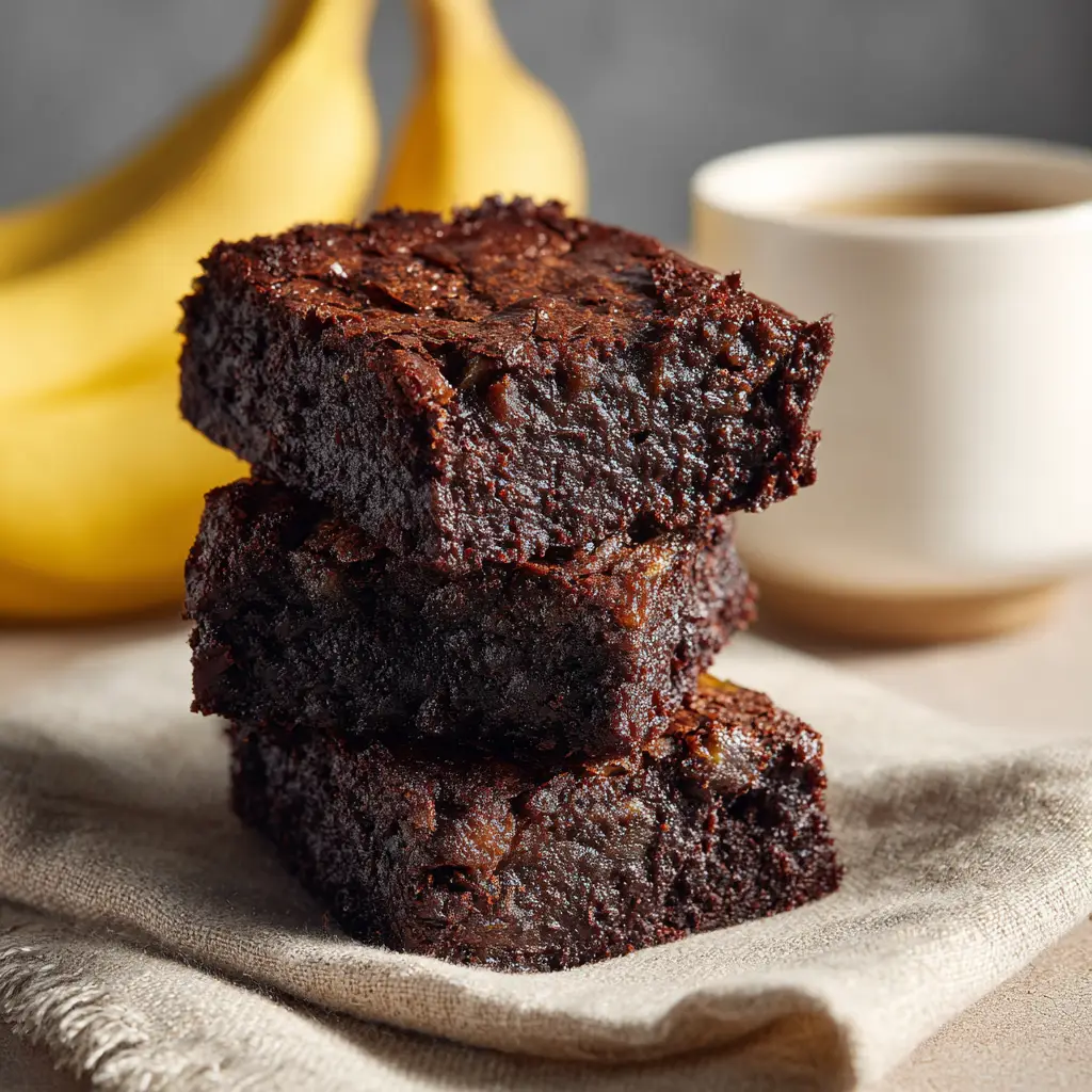 Three flourless banana brownies arranged on a rustic wooden board, highlighting their dense and moist texture.