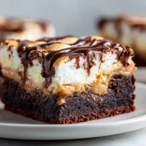 A close-up shot of a fudgy peanut butter brownie with a melted marshmallow topping being lifted from a baking pan. The texture is rich and decadent.
