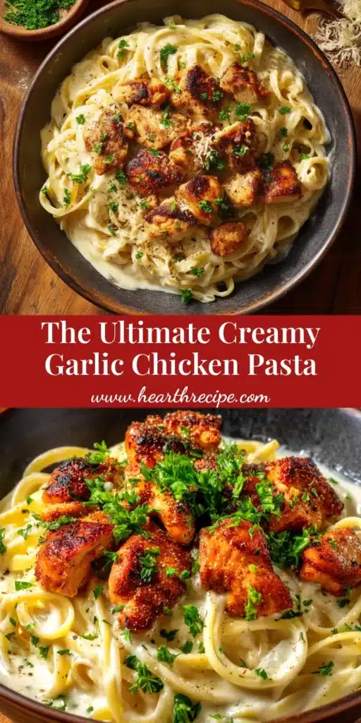 A top-down view of a white bowl filled with delicious Garlic Butter Chicken Pasta, garnished with fresh parsley and Parmesan cheese.