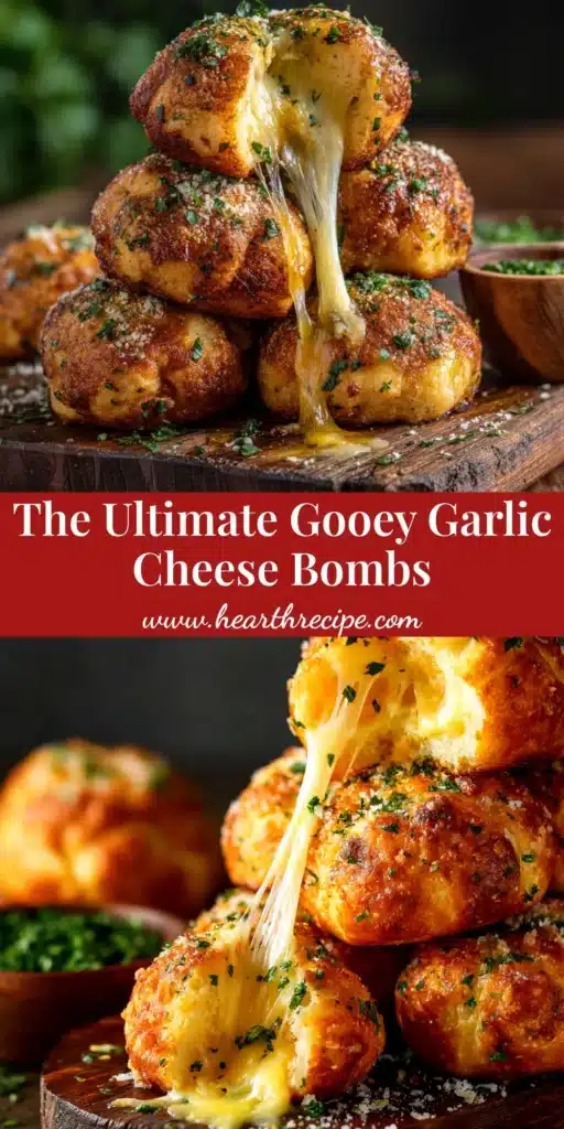 A shareable pin image showing golden brown Garlic Cheese Bombs arranged in a skillet, with text overlay for Pinterest.