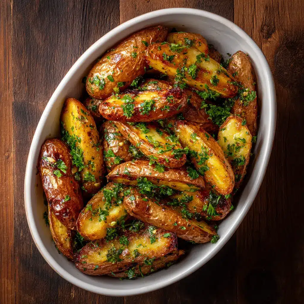 A serving bowl filled with garlic herb roasted fingerling potatoes, ready to be served as a delicious side dish for dinner.