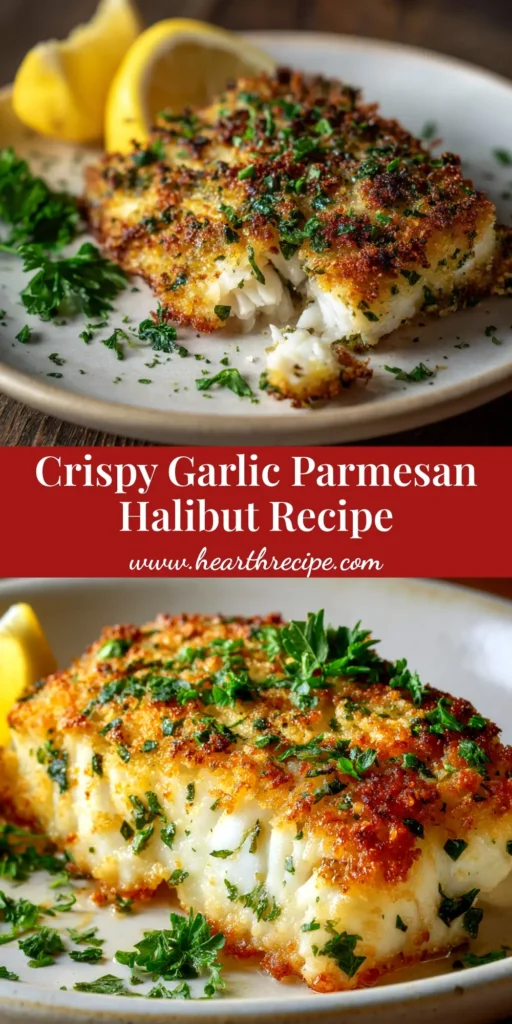 A close-up of a perfectly cooked Garlic Parmesan Crusted Halibut fillet on a plate, garnished with fresh parsley and a lemon wedge. The crust is golden brown and crispy.