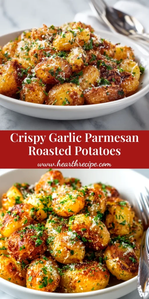 A shareable pin image of crispy garlic parmesan roasted potatoes in a white serving bowl, with text overlay indicating the best easy recipe.