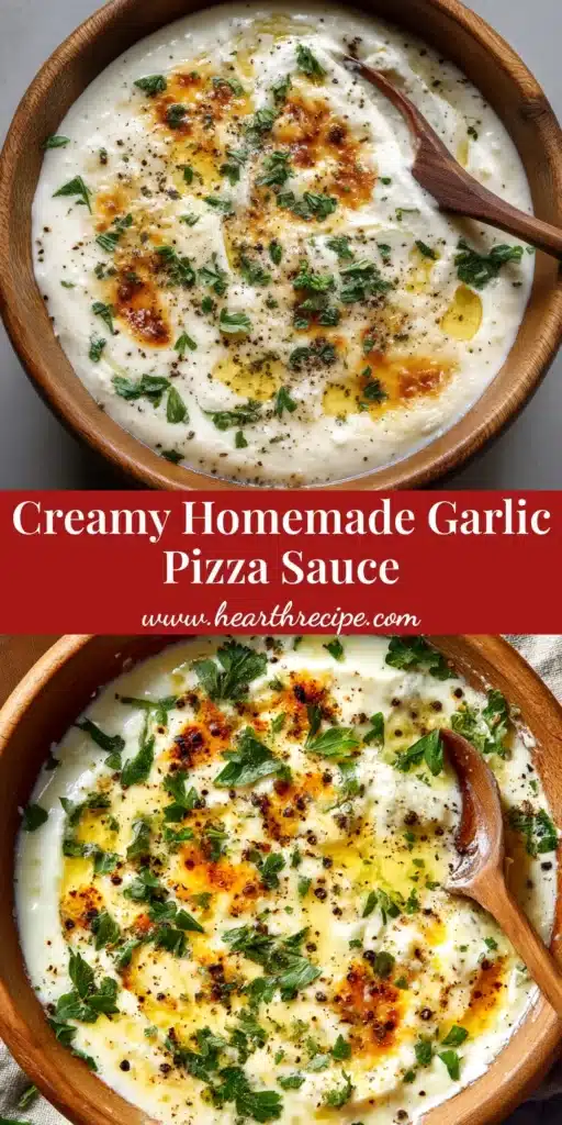 A sharable pin image showing how to make the best Garlic Sauce for Pizza. The image features a bowl of creamy white sauce and text overlay with the recipe title.