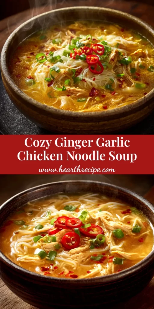A beautiful overhead shot of a bowl of Ginger Garlic Chicken Noodle Soup, with tender chicken, carrots, and noodles in a clear, golden broth.