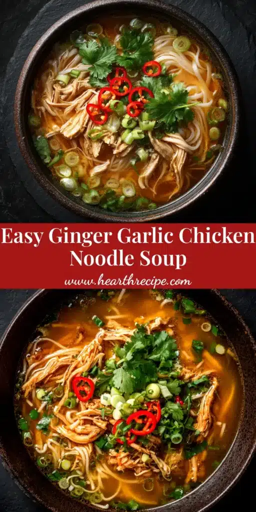 A beautiful overhead shot of a finished bowl of Ginger Garlic Chicken Noodle Soup, garnished with fresh parsley and green onions.
