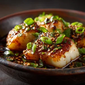 A close-up shot of a pan-seared cod fillet glistening with a savory ginger soy fish glaze, highlighting the flaky texture of the cooked fish.