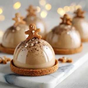 Several Gingerbread Latte Mousse Domes arranged beautifully on a rustic wooden board, showcasing their perfect shape and creamy texture. A festive spiced coffee mousse dessert.