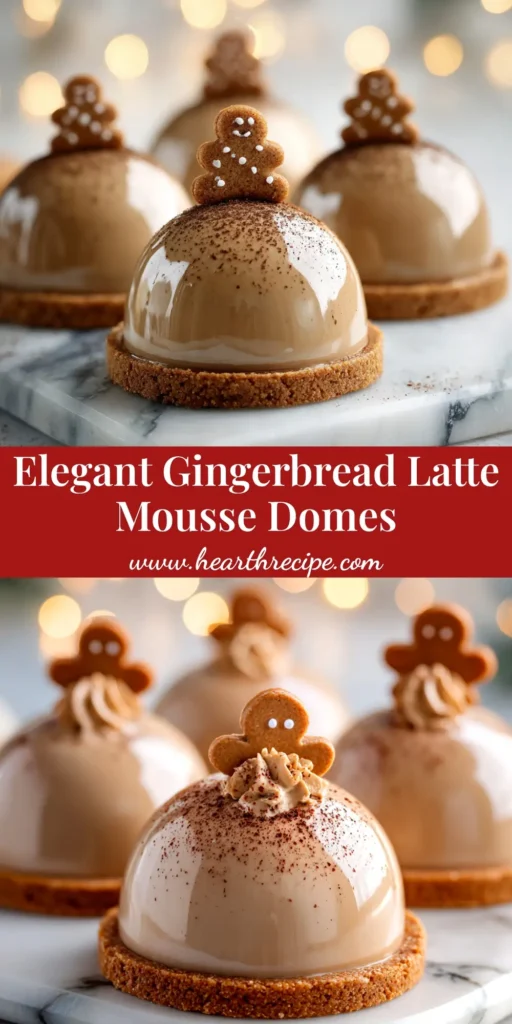 An elegant Gingerbread Latte Mousse Dome on a white plate, garnished with a dusting of cocoa powder and a small gingerbread cookie. The perfect festive holiday dessert recipe.