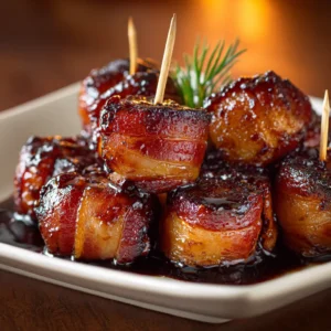 An extreme close-up of a single bacon wrapped water chestnut, showing the detail of the crispy bacon and the shiny, bubbly brown sugar soy glaze.