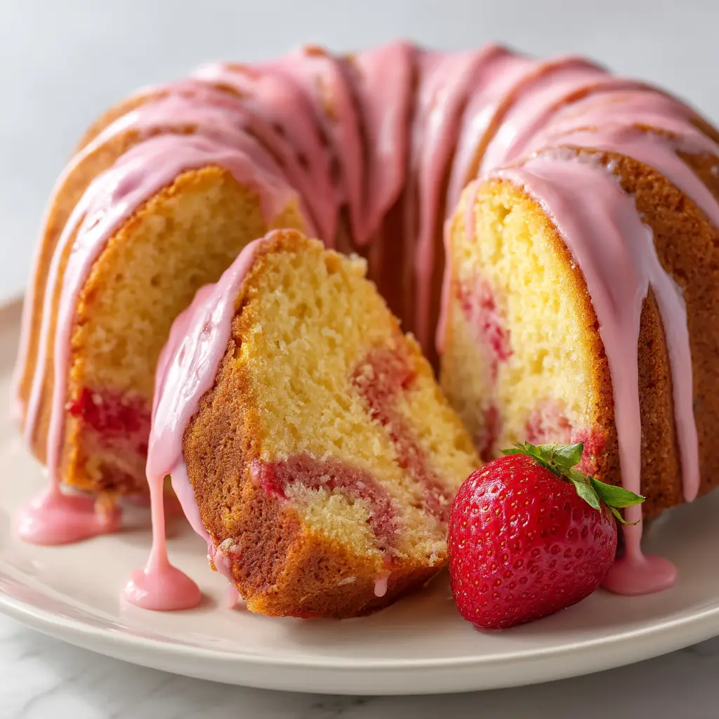 A whole strawberry pound cake with a pink glaze dripping down the sides, presented on a cake stand.