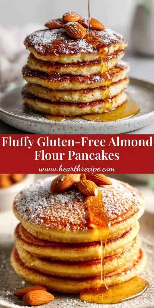 A tall, perfect stack of fluffy gluten-free almond flour pancakes topped with fresh blueberries, raspberries, and a generous drizzle of maple syrup.