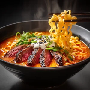 A close-up view of spicy gochujang ramen broth with noodles, showing the rich texture and vibrant colors of the dish.