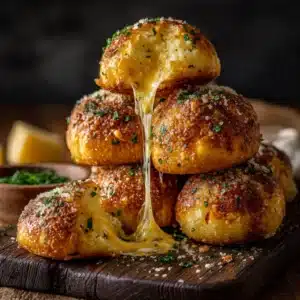 A close-up shot of golden brown biscuit cheese bombs stacked on a plate, ready to be served.