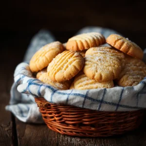 Golden brown French salted butter cookies arranged neatly on a piece of parchment paper, highlighting their perfect, uniform shape and rich color.