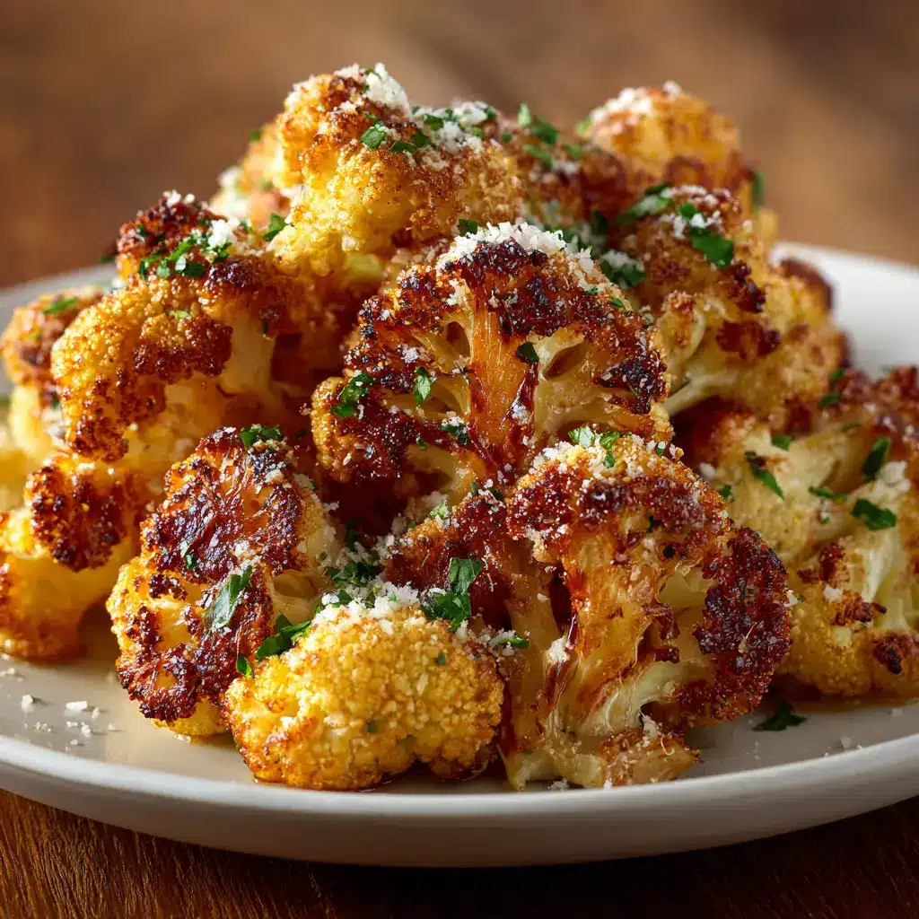 A close-up of golden brown, crispy oven-roasted cauliflower fresh out of the oven, showing the caramelized edges.
