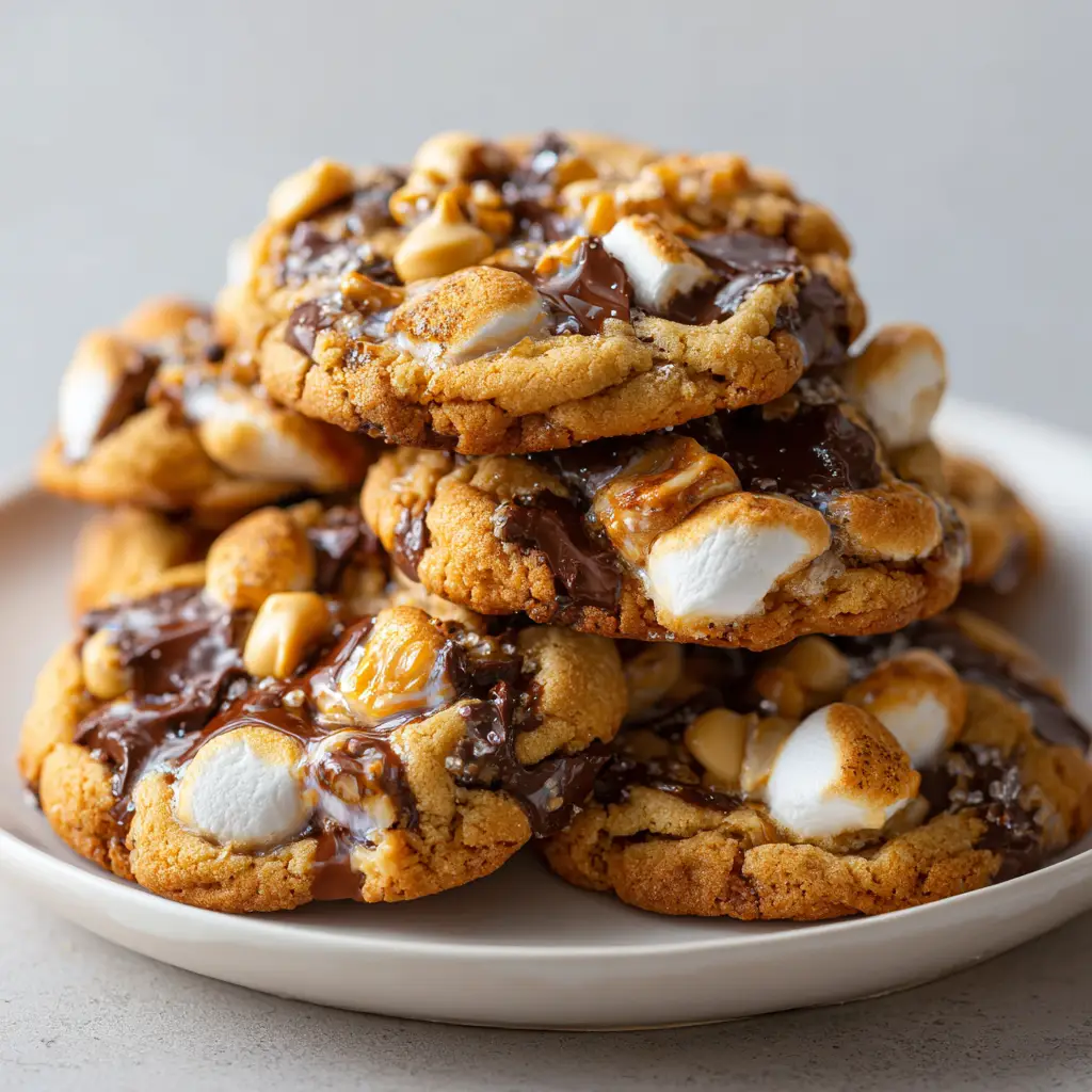 A stack of gooey marshmallow chocolate cookies on a cooling rack, fresh from the oven and ready to be enjoyed.