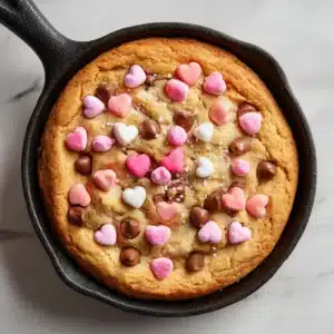Extreme close-up of a golden-brown Valentine's Skillet Cookie showing the melted chocolate chips and crispy edges.