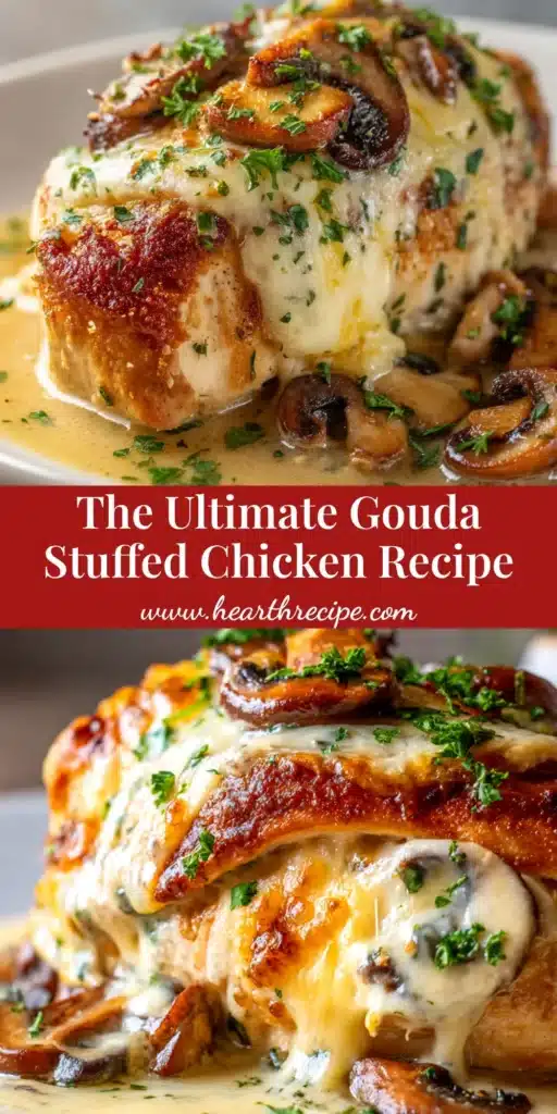A beautiful platter of Gouda Mushroom Stuffed Chicken, sliced to show the cheesy, savory filling. The perfect easy gourmet dinner recipe.