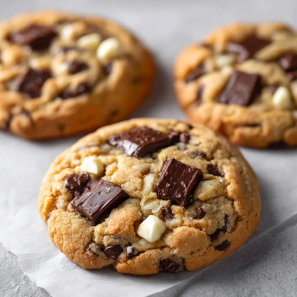 A single bakery-style chocolate chip cookie held up to show its large size and the generous amount of melted chocolate chunks inside.
