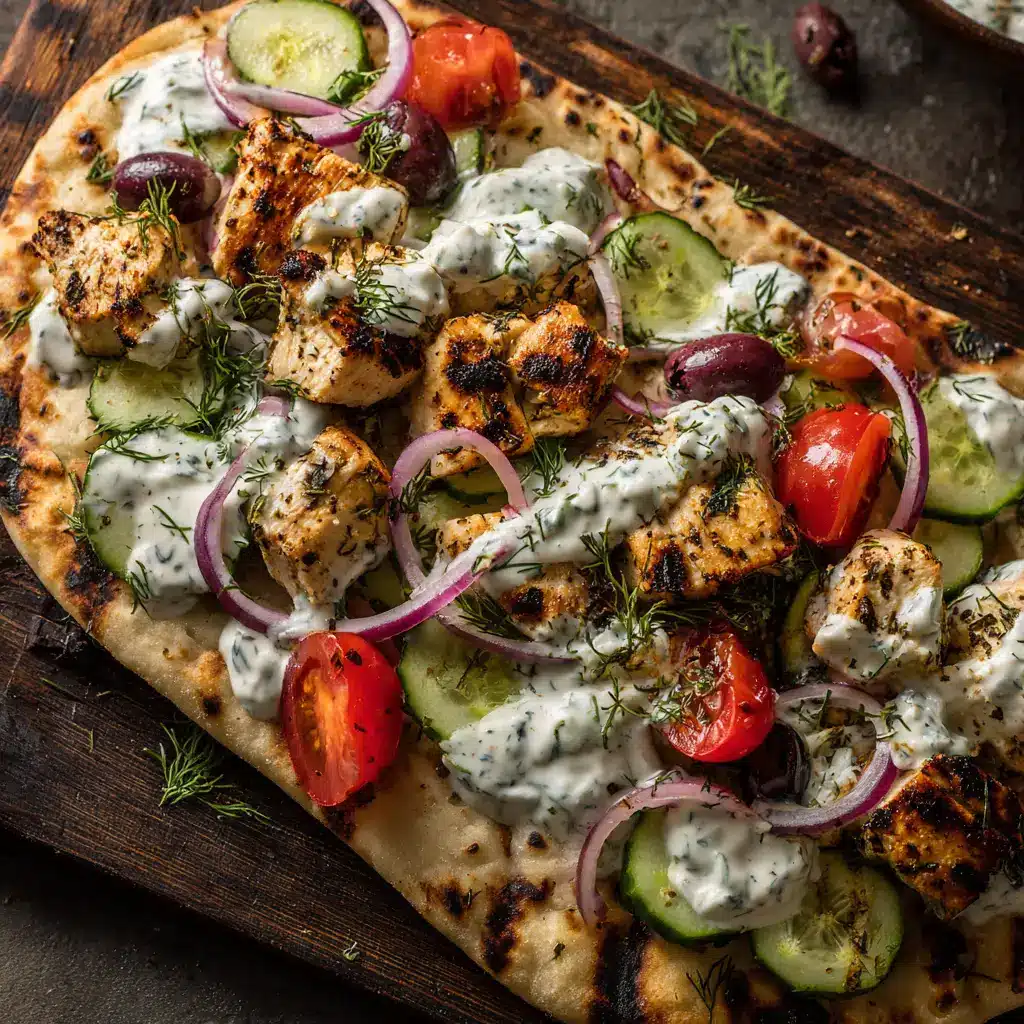 The components for a homemade Greek flatbread, including cooked chicken, fresh vegetables, and a bowl of creamy tzatziki sauce, ready for assembly.