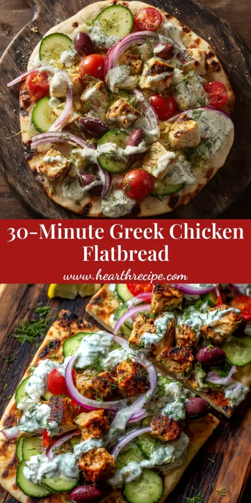 A delicious and easy Greek Chicken Flatbread recipe loaded with marinated chicken, fresh tomatoes, red onion, and creamy tzatziki sauce, perfect for a quick weeknight dinner.