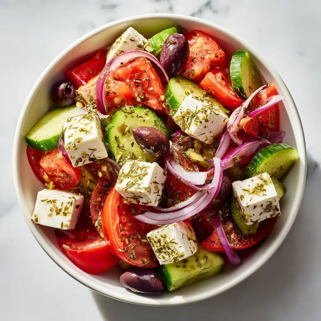 A close-up shot of the Greek village salad, focusing on the large block of sheep's milk feta cheese placed on top of the tomatoes and olives.