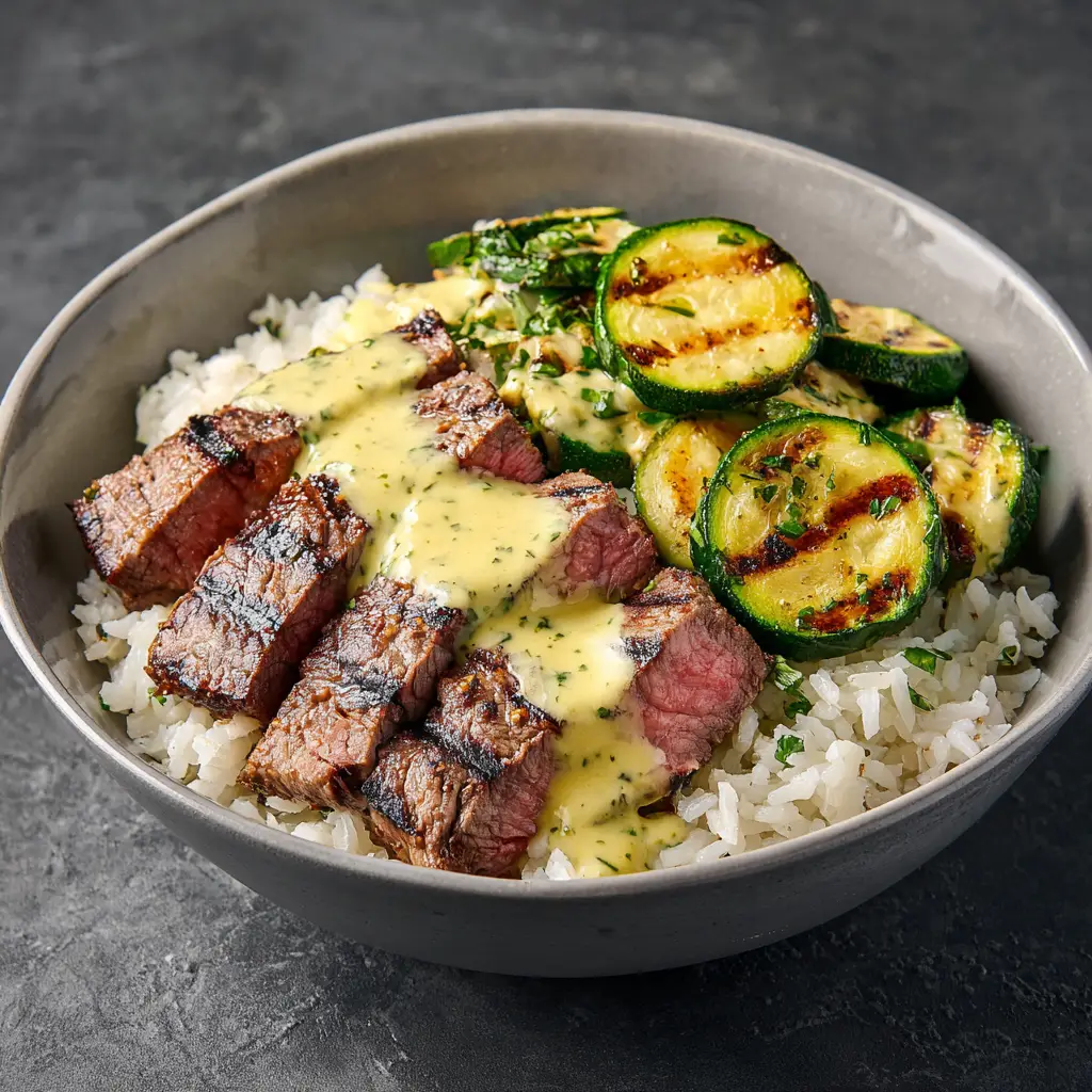 Juicy, sliced grilled steak fanned out in a bowl with corn, beans, and pico de gallo.