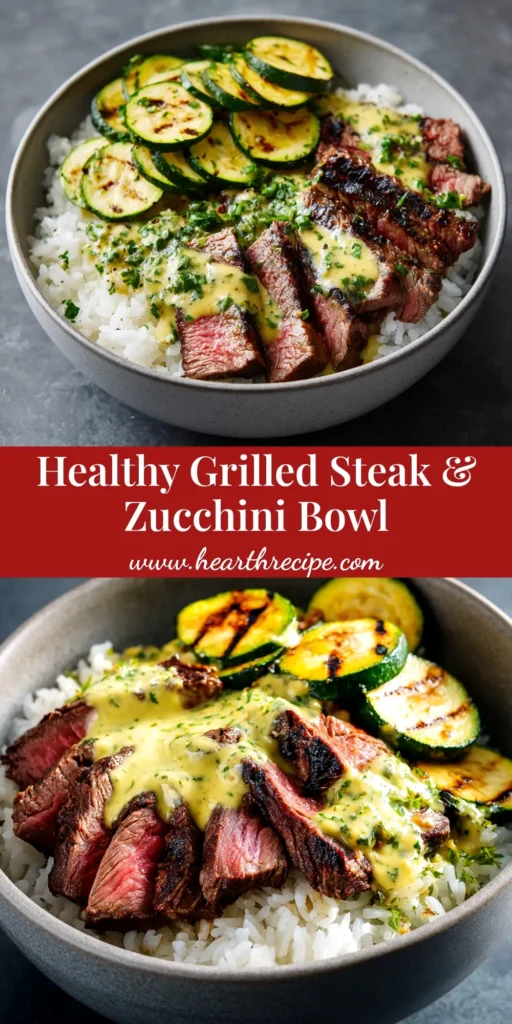A delicious and healthy Grilled Steak Bowl recipe with cilantro lime crema, black beans, corn, and avocado in a white bowl.