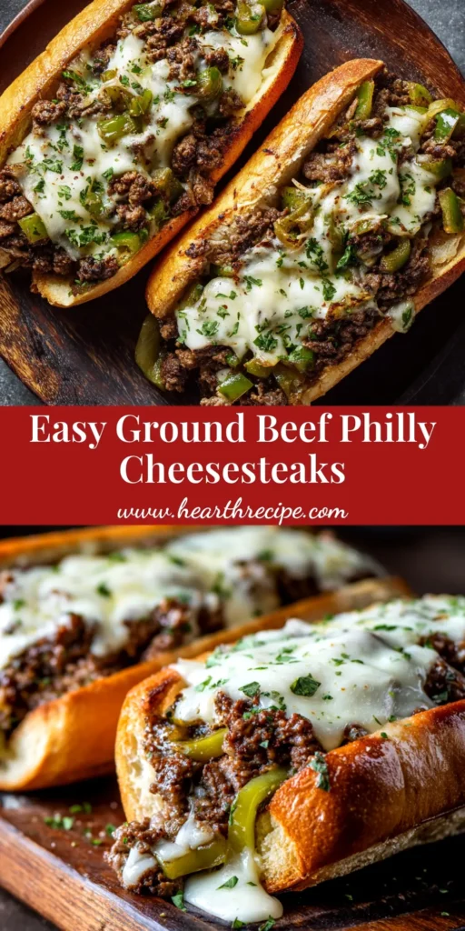 An easy and cheesy Ground Beef Philly Cheesesteaks recipe piled high on a toasted hoagie roll, ready to be eaten.