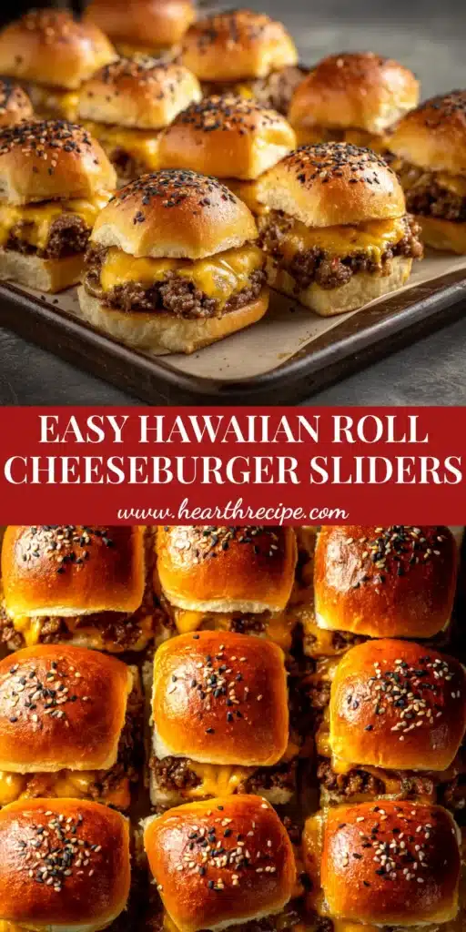 A pan of delicious Hawaiian Roll Cheeseburger Sliders fresh from the oven, with melted cheese and a golden brown top sprinkled with sesame seeds.