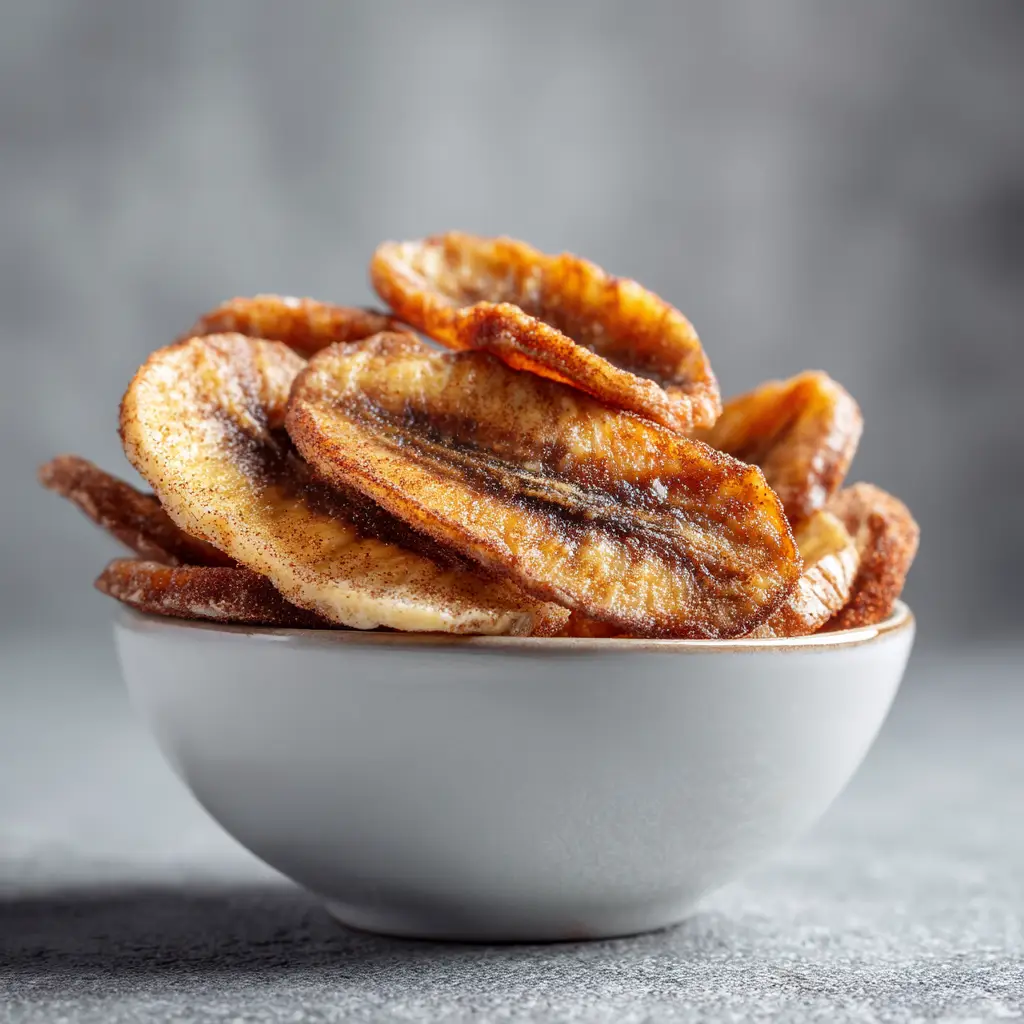 A bowl of freshly made air fryer banana chips, illustrating a healthy and delicious homemade snack.