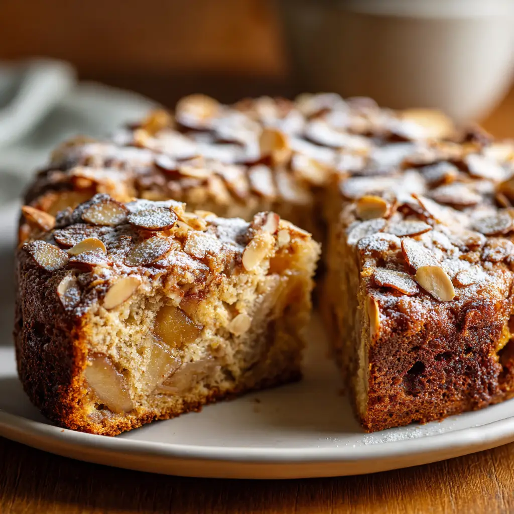An extreme close-up of a rustic healthy oatmeal apple cake, highlighting the texture of the baked oats and apple pieces within the crumb.