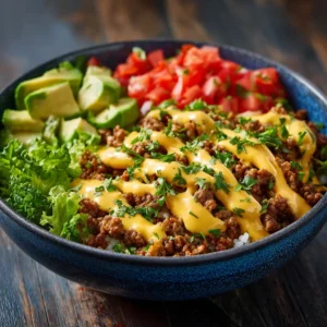 A close-up shot of the ingredients for a healthy burger bowl, including lean ground beef, fresh vegetables, and shredded cheddar cheese, ready for assembly.